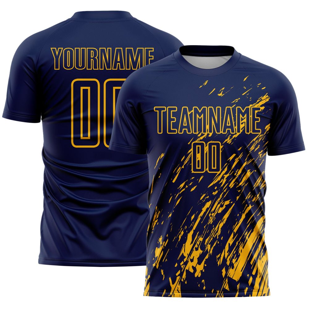 Custom Navy Gold Splash Sublimation Soccer Uniform Jersey