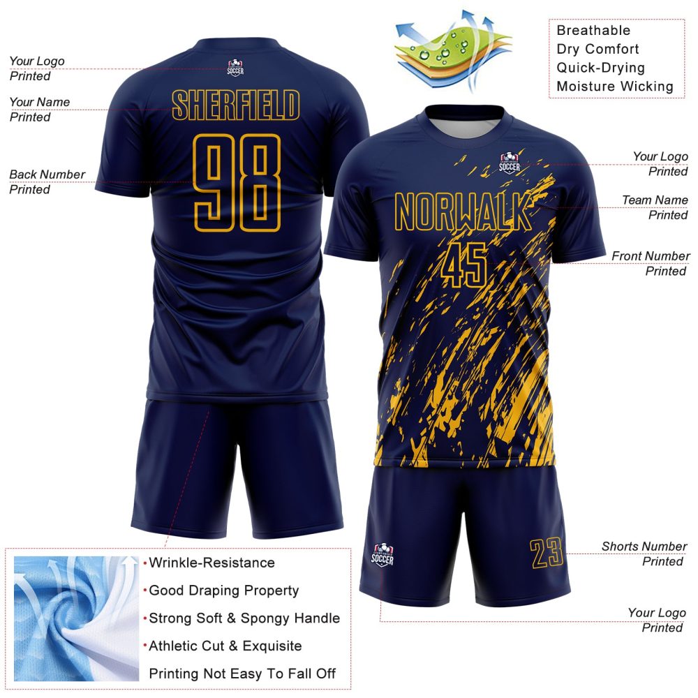 Custom Navy Gold Splash Sublimation Soccer Uniform Jersey