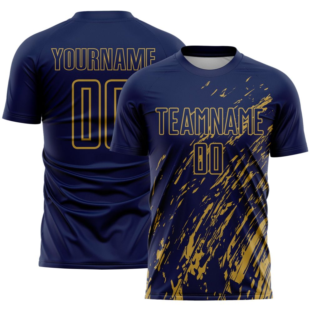 Custom Navy Old Gold Splash Sublimation Soccer Uniform Jersey