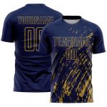 Custom Navy Old Gold Splash Sublimation Soccer Uniform Jersey