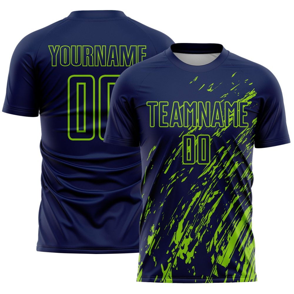Custom Navy Neon Green Splash Sublimation Soccer Uniform Jersey