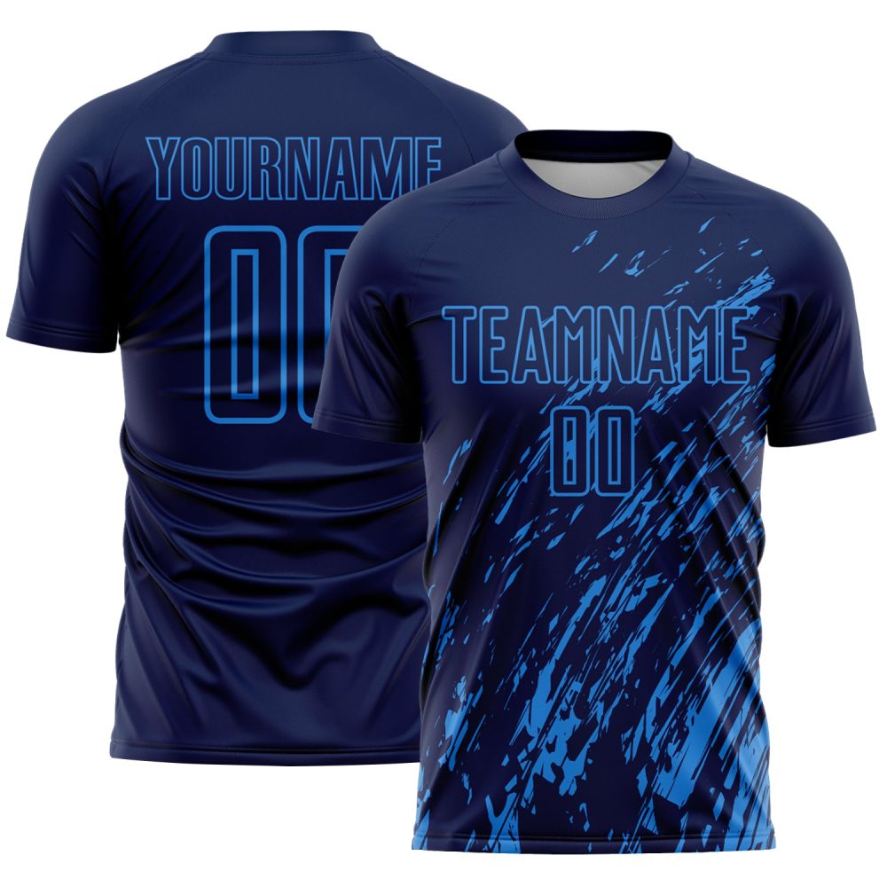 Custom Navy Powder Blue Splash Sublimation Soccer Uniform Jersey
