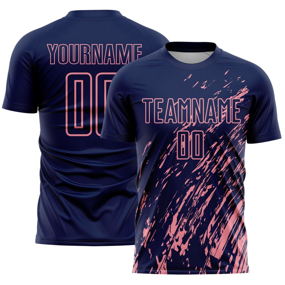 Custom Navy Medium Pink Splash Sublimation Soccer Uniform Jersey