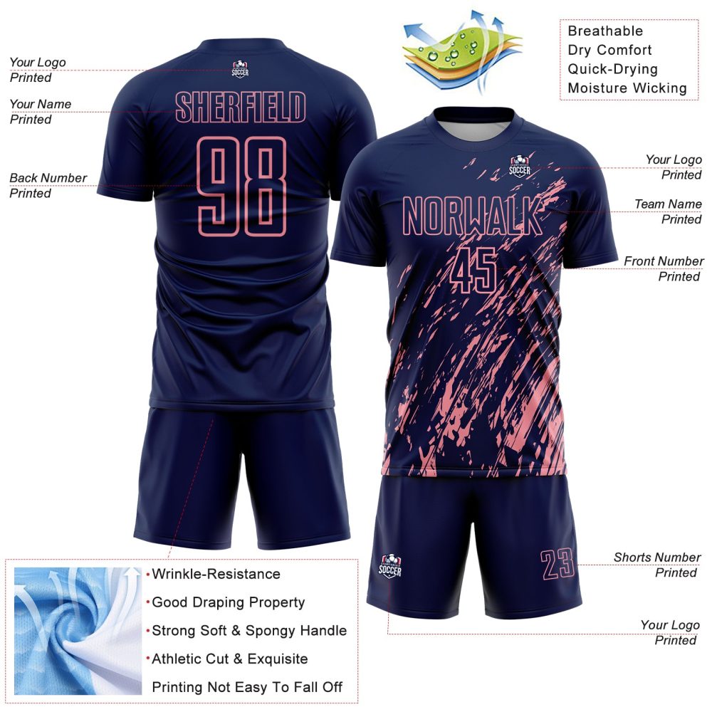 Custom Navy Medium Pink Splash Sublimation Soccer Uniform Jersey