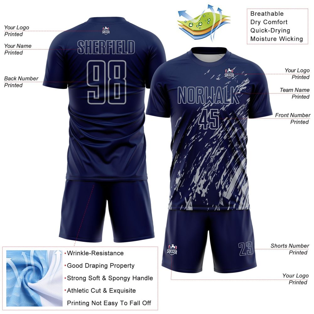 Custom Navy Gray Splash Sublimation Soccer Uniform Jersey