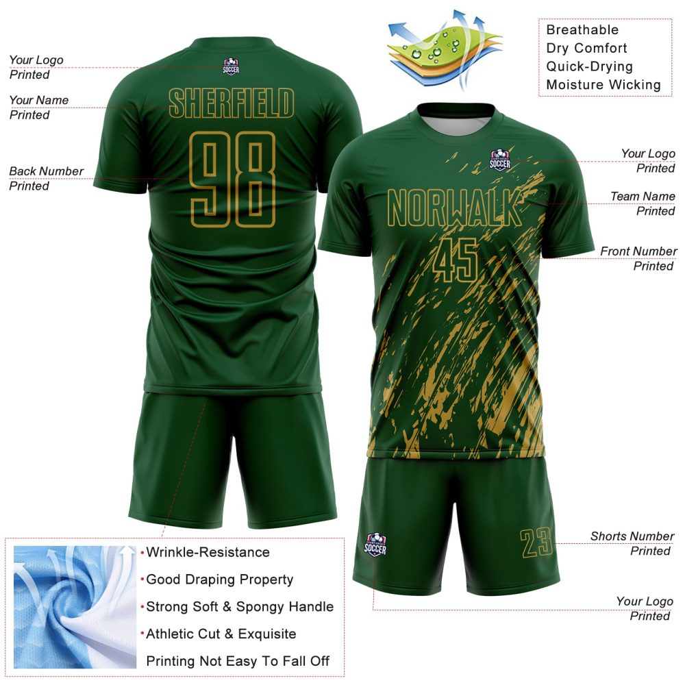 Custom Green Old Gold Splash Sublimation Soccer Uniform Jersey