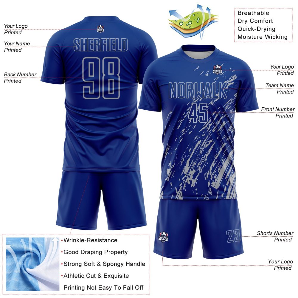 Custom Royal Gray Splash Sublimation Soccer Uniform Jersey