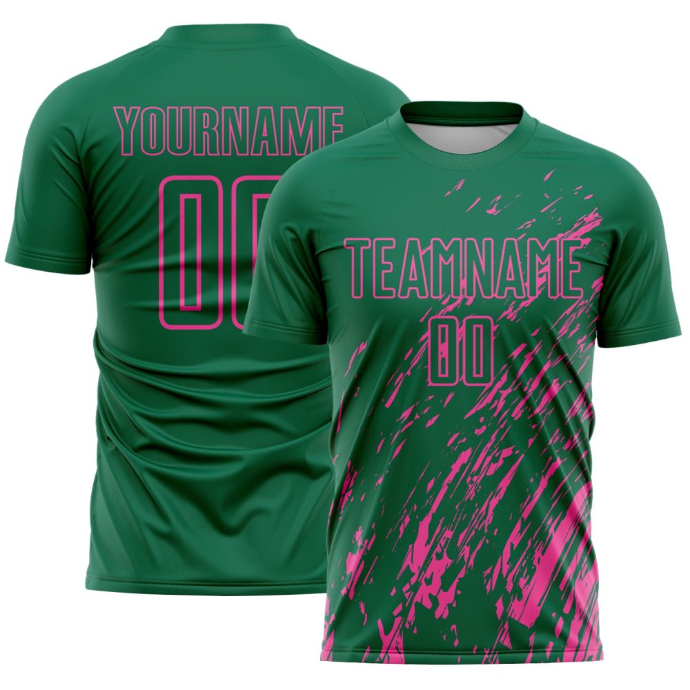 Custom Kelly Green Pink Splash Sublimation Soccer Uniform Jersey